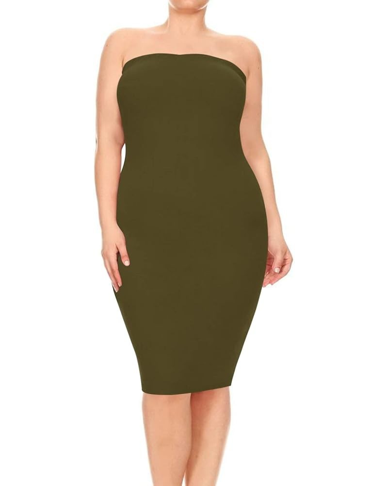 Women's Plus Size Strapless Basic Elastic Tube Top Slim Fit Bodycon Solid Midi Dress Mdr00858 Olive $10.10 Dresses