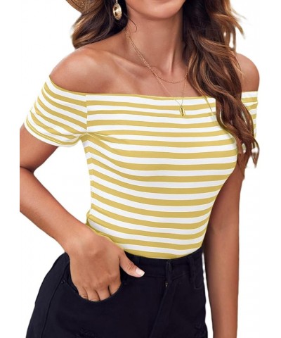 Women's Short Sleeve Vogue Fitted Off Shoulder Shirt Modal Top T-Shirt Yellow Stripe $12.25 T-Shirts