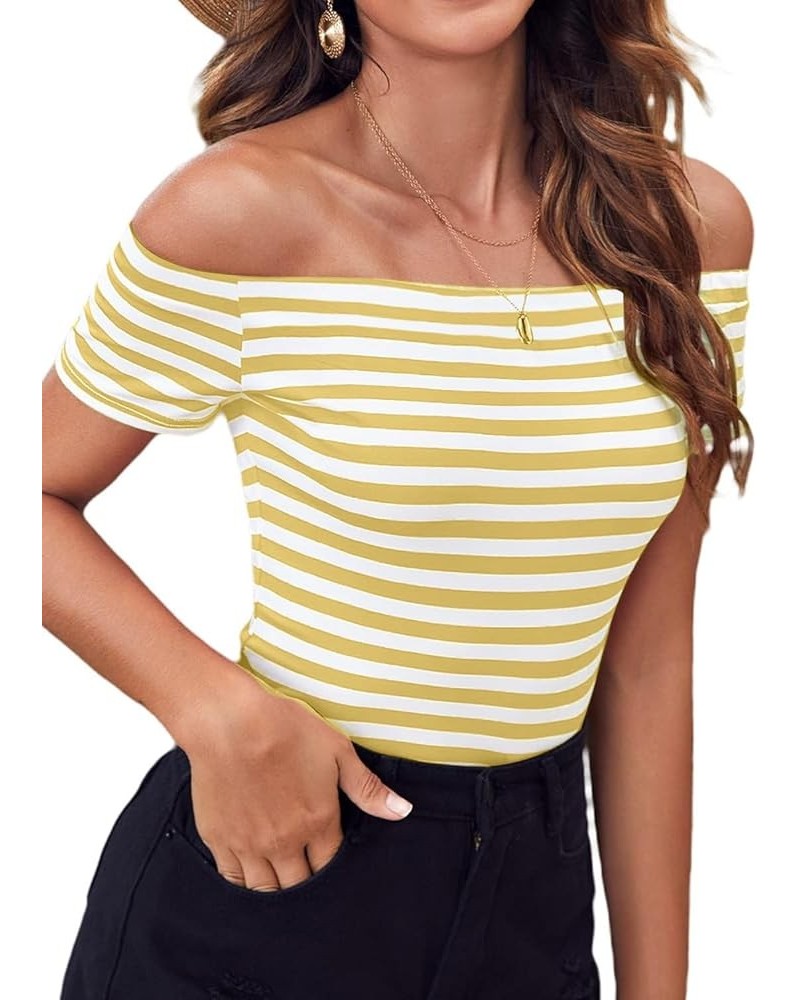 Women's Short Sleeve Vogue Fitted Off Shoulder Shirt Modal Top T-Shirt Yellow Stripe $12.25 T-Shirts