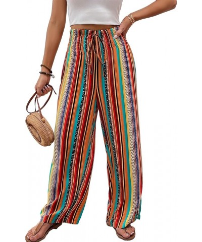 Women's Casual Wide Leg Pants High Waist Tropical Floral Solid Beach Palazzo Pants Orange Striped $16.92 Pants