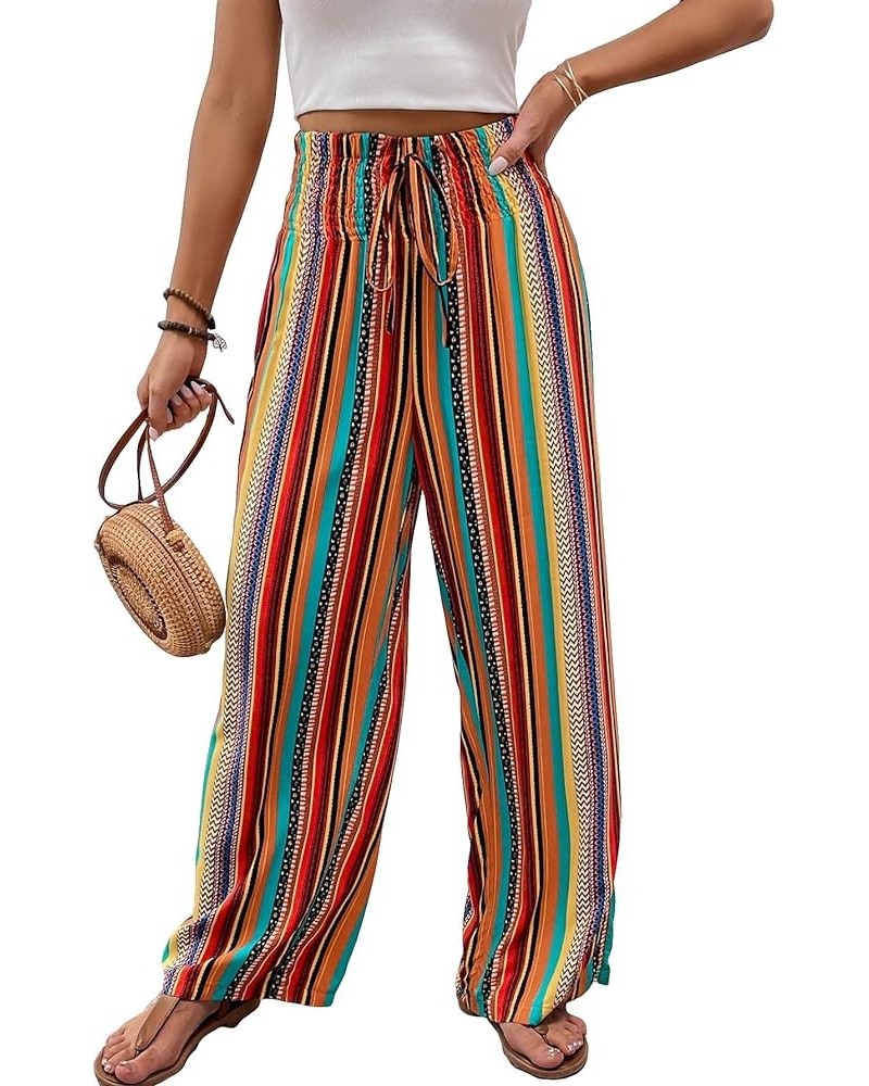 Women's Casual Wide Leg Pants High Waist Tropical Floral Solid Beach Palazzo Pants Orange Striped $16.92 Pants