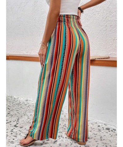 Women's Casual Wide Leg Pants High Waist Tropical Floral Solid Beach Palazzo Pants Orange Striped $16.92 Pants