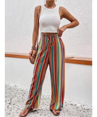 Women's Casual Wide Leg Pants High Waist Tropical Floral Solid Beach Palazzo Pants Orange Striped $16.92 Pants