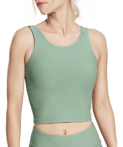 Women's Longline Sports Bra Workout Athletic Cropped Tank Top with Built in Bra Ribbed Gym Yoga Running Sleeveless Top Sage G...