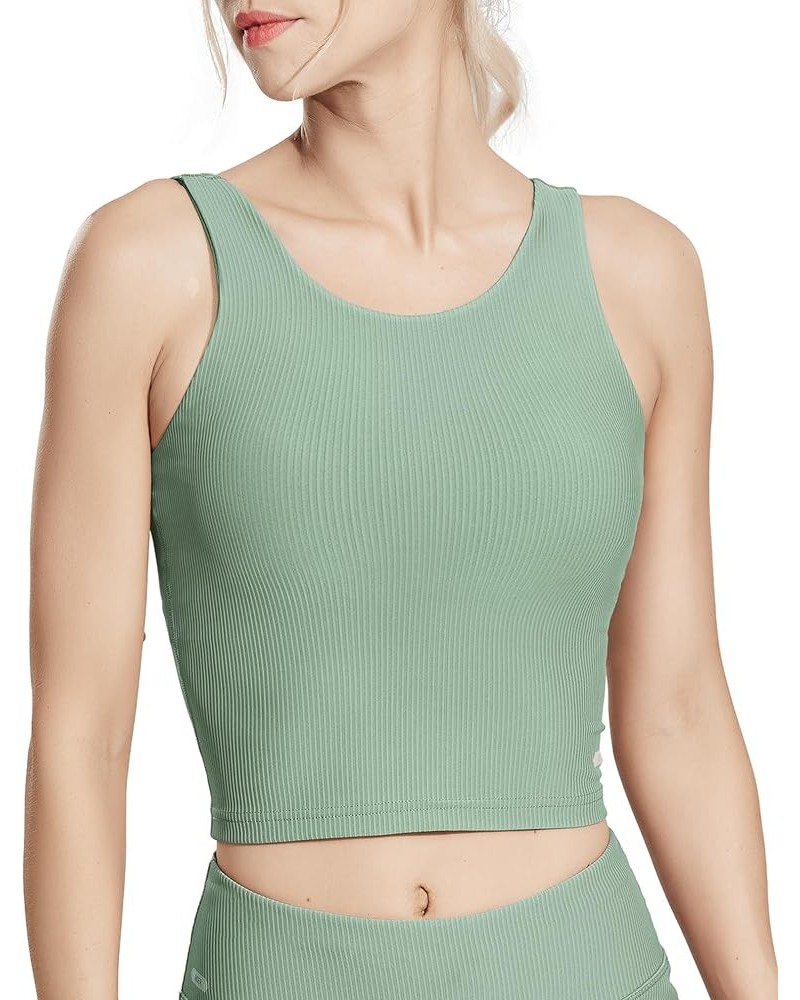 Women's Longline Sports Bra Workout Athletic Cropped Tank Top with Built in Bra Ribbed Gym Yoga Running Sleeveless Top Sage G...