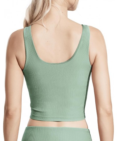 Women's Longline Sports Bra Workout Athletic Cropped Tank Top with Built in Bra Ribbed Gym Yoga Running Sleeveless Top Sage G...