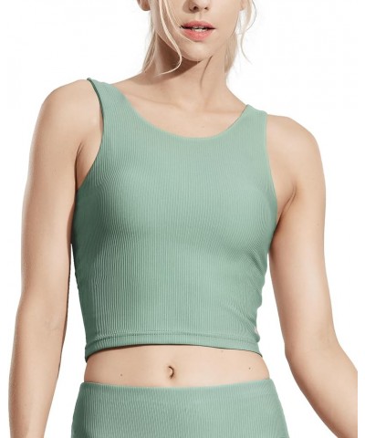 Women's Longline Sports Bra Workout Athletic Cropped Tank Top with Built in Bra Ribbed Gym Yoga Running Sleeveless Top Sage G...