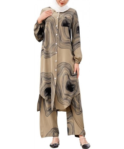 Abaya Dress for Women Muslim Set Long Sleeve Chiffon Islamic Dress Shirt with Pants 2PCS Dubai Prayer Casual Clothes Khaki Pr...