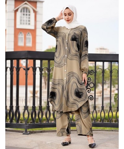 Abaya Dress for Women Muslim Set Long Sleeve Chiffon Islamic Dress Shirt with Pants 2PCS Dubai Prayer Casual Clothes Khaki Pr...