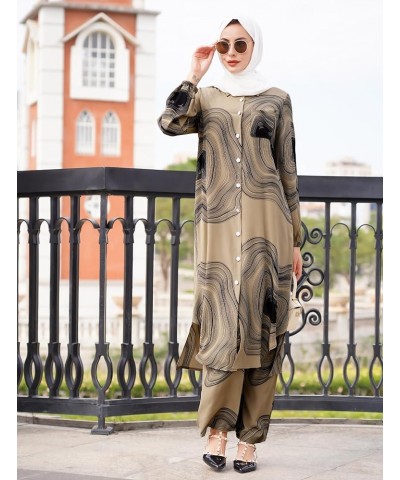 Abaya Dress for Women Muslim Set Long Sleeve Chiffon Islamic Dress Shirt with Pants 2PCS Dubai Prayer Casual Clothes Khaki Pr...