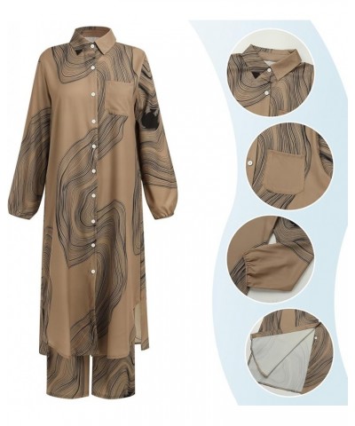 Abaya Dress for Women Muslim Set Long Sleeve Chiffon Islamic Dress Shirt with Pants 2PCS Dubai Prayer Casual Clothes Khaki Pr...