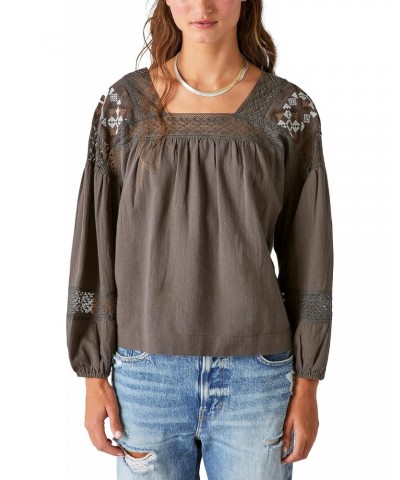 Women's Embroidered Shoulder Top, Washed Black, Large $34.59 Blouses