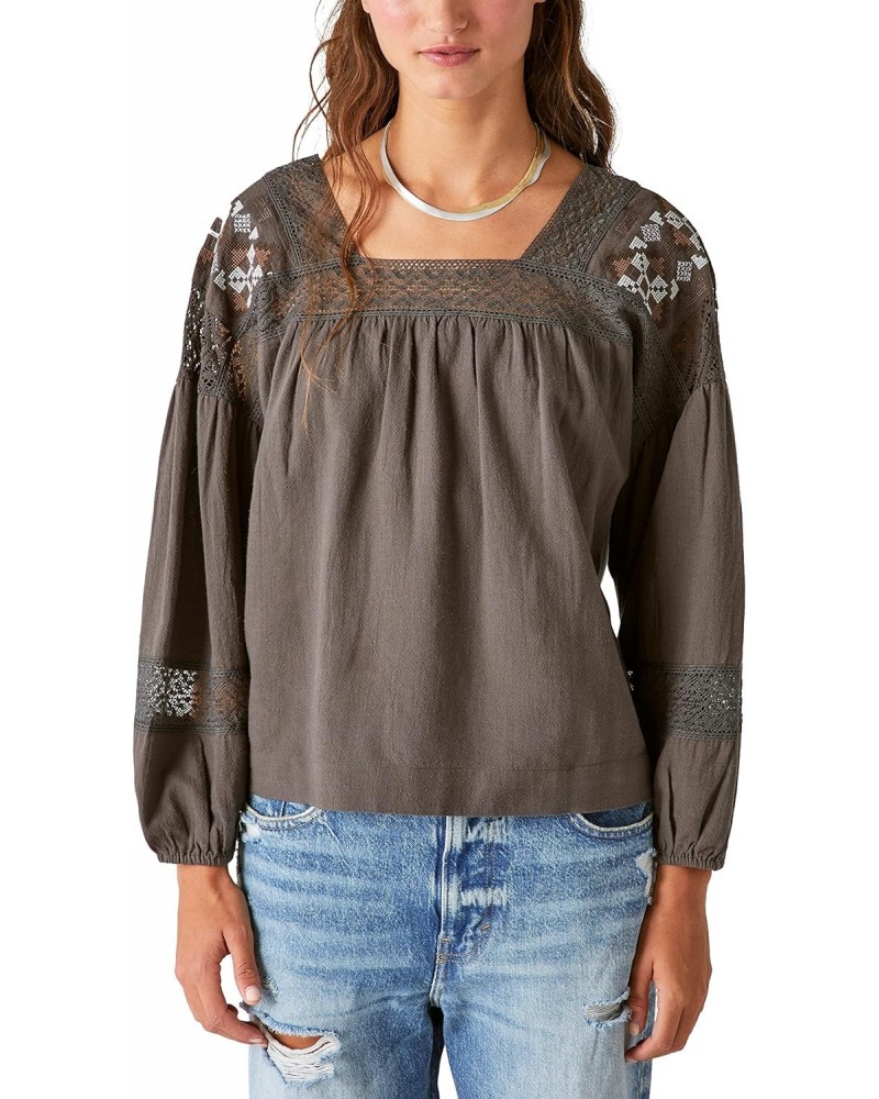 Women's Embroidered Shoulder Top, Washed Black, Large $34.59 Blouses