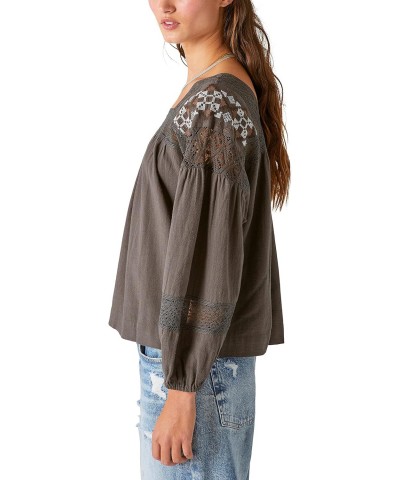 Women's Embroidered Shoulder Top, Washed Black, Large $34.59 Blouses