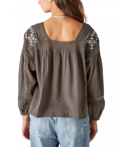 Women's Embroidered Shoulder Top, Washed Black, Large $34.59 Blouses