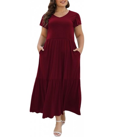 Plus Size Maxi Dress for Women Casual Summer V-Neck Elastic Waist Flutter Sleeve Tiered A-Line Dresses with Pockets Wine $17....