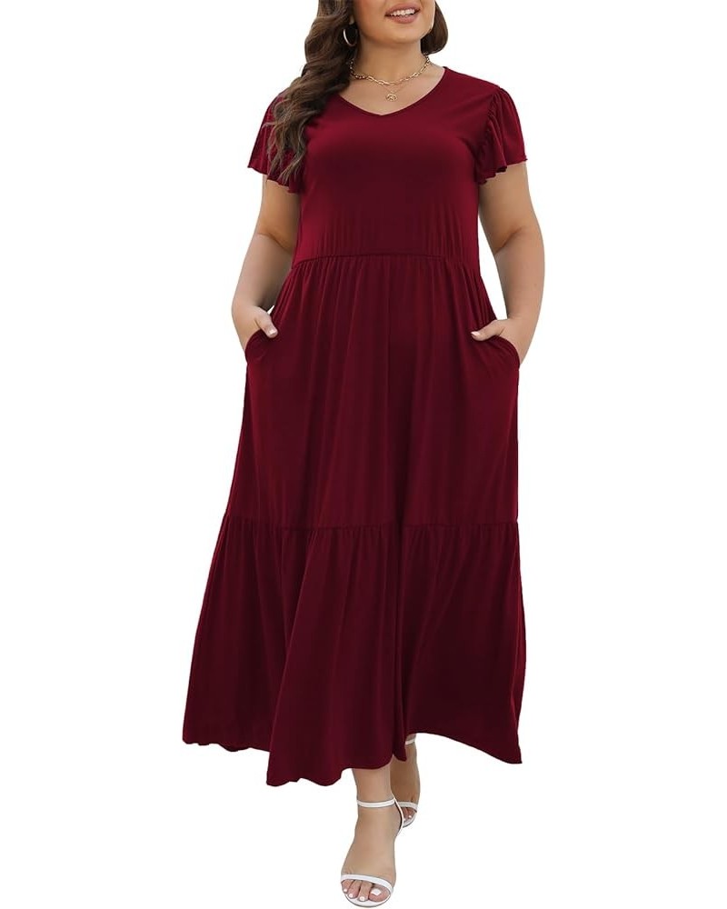 Plus Size Maxi Dress for Women Casual Summer V-Neck Elastic Waist Flutter Sleeve Tiered A-Line Dresses with Pockets Wine $17....