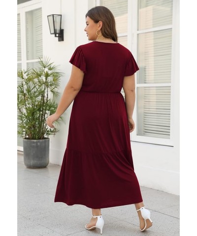 Plus Size Maxi Dress for Women Casual Summer V-Neck Elastic Waist Flutter Sleeve Tiered A-Line Dresses with Pockets Wine $17....