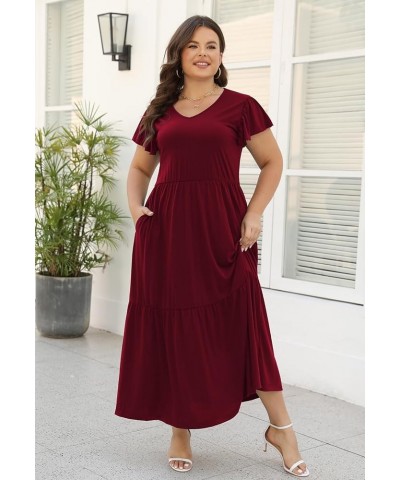 Plus Size Maxi Dress for Women Casual Summer V-Neck Elastic Waist Flutter Sleeve Tiered A-Line Dresses with Pockets Wine $17....