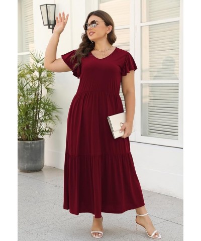 Plus Size Maxi Dress for Women Casual Summer V-Neck Elastic Waist Flutter Sleeve Tiered A-Line Dresses with Pockets Wine $17....