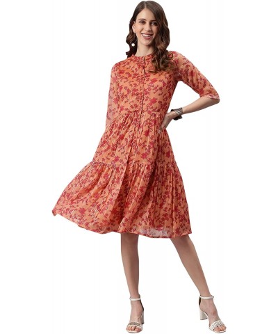 Indian Women's Orange Floral rinted Poly Georgette Western Dress $21.42 Dresses