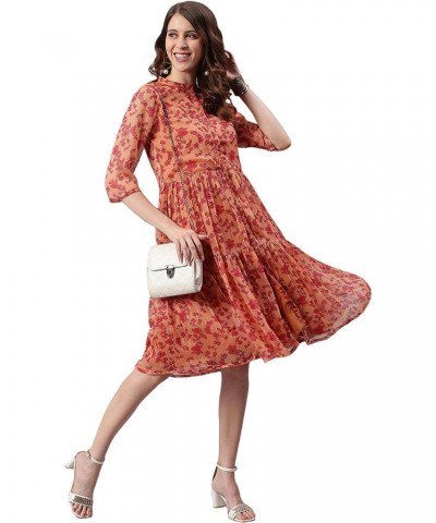 Indian Women's Orange Floral rinted Poly Georgette Western Dress $21.42 Dresses