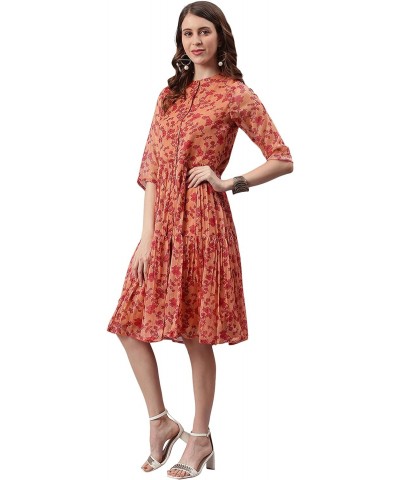 Indian Women's Orange Floral rinted Poly Georgette Western Dress $21.42 Dresses