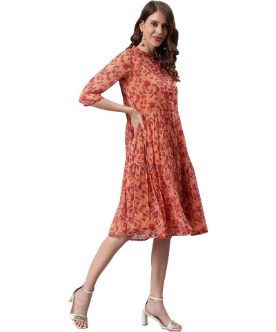 Indian Women's Orange Floral rinted Poly Georgette Western Dress $21.42 Dresses