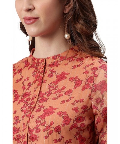 Indian Women's Orange Floral rinted Poly Georgette Western Dress $21.42 Dresses