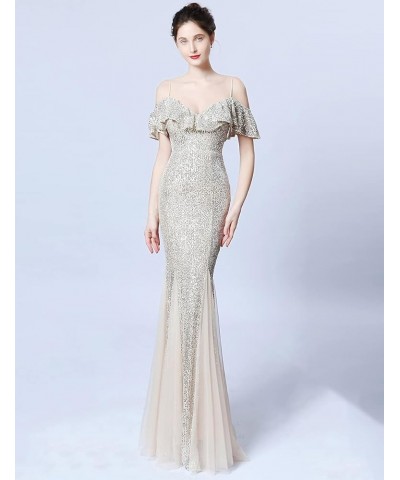 Women Sequin Tulle Dress Evening Party Dress Sphagetti Strap Ruffle Dress Formal Maxi Long Dress Prom Gowns Silver Nude $30.5...