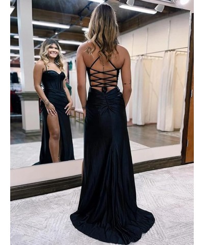 Women's Satin Prom Dresses with Slit Long Corset Mermaid Bridesmaid Dress Pleated Formal Dresses Turquoise $44.10 Dresses