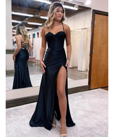 Women's Satin Prom Dresses with Slit Long Corset Mermaid Bridesmaid Dress Pleated Formal Dresses Turquoise $44.10 Dresses