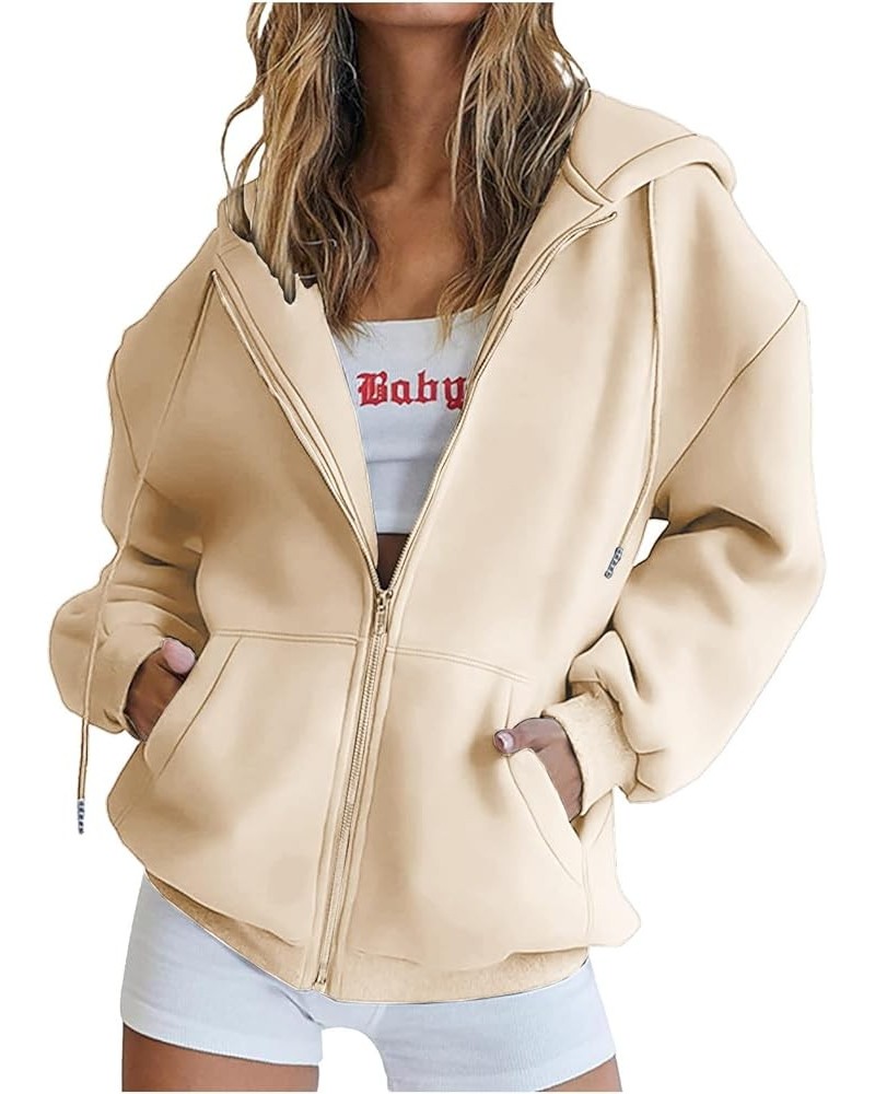 Oversized Zip Up Hoodies for Women Casual Drawstring Teen Girl Y2K Sweatshirts Long Sleeve Fall Jackets With Pockets 01 Beige...