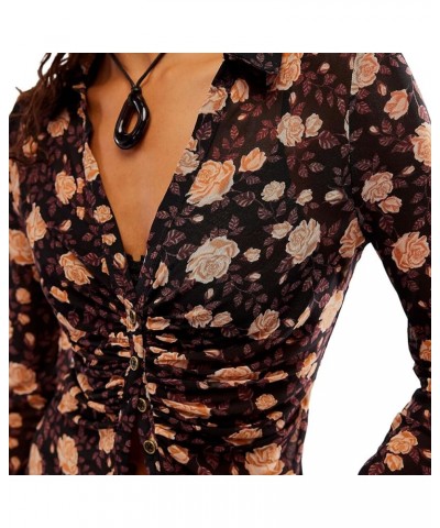 Women Y2k Floral Print Mesh Shirts Ladies Button Up Long Sleeve Cardigan Ruched Slim Boho Sheer Shirt Going Out Blouse Top Bl...