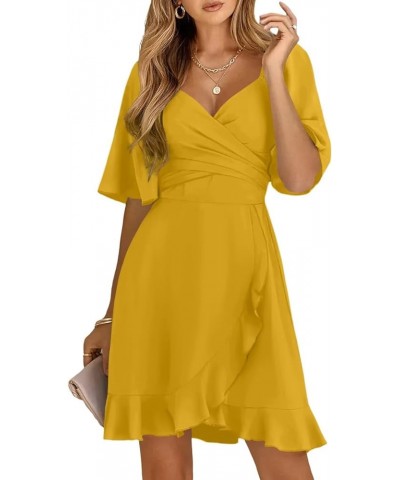 Women's Wrap V Neck Short Flared Sleeve Wedding Guest Dress Smocked Elastic Waist Tiered Belted Ruffle Hem Mini Dress Citrus ...