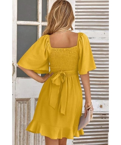 Women's Wrap V Neck Short Flared Sleeve Wedding Guest Dress Smocked Elastic Waist Tiered Belted Ruffle Hem Mini Dress Citrus ...