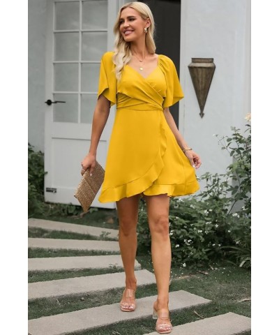 Women's Wrap V Neck Short Flared Sleeve Wedding Guest Dress Smocked Elastic Waist Tiered Belted Ruffle Hem Mini Dress Citrus ...