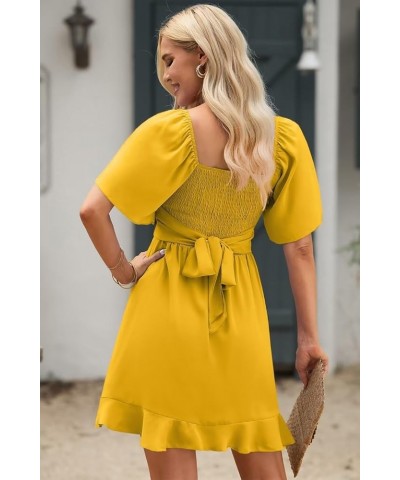 Women's Wrap V Neck Short Flared Sleeve Wedding Guest Dress Smocked Elastic Waist Tiered Belted Ruffle Hem Mini Dress Citrus ...