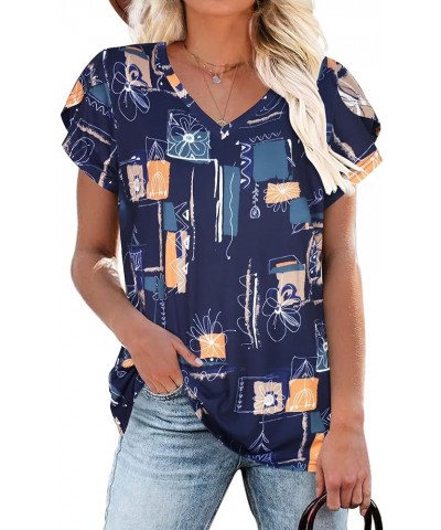 Womens Summer Tops Short Sleeve Shirts V Neck T Shirt Casual Tees Petal Sleeve Blouse B Blue Print $8.24 Blouses