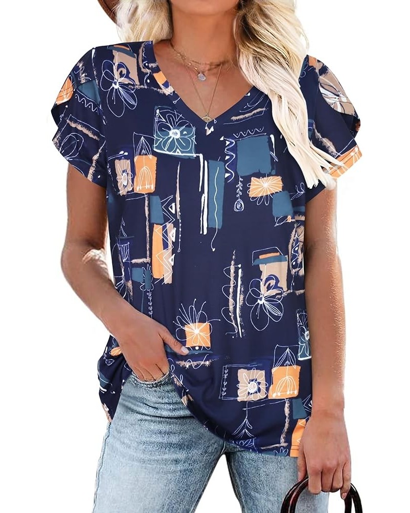 Womens Summer Tops Short Sleeve Shirts V Neck T Shirt Casual Tees Petal Sleeve Blouse B Blue Print $8.24 Blouses