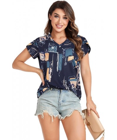 Womens Summer Tops Short Sleeve Shirts V Neck T Shirt Casual Tees Petal Sleeve Blouse B Blue Print $8.24 Blouses