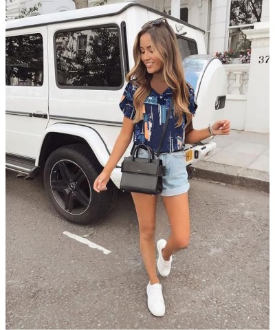 Womens Summer Tops Short Sleeve Shirts V Neck T Shirt Casual Tees Petal Sleeve Blouse B Blue Print $8.24 Blouses