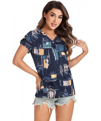 Womens Summer Tops Short Sleeve Shirts V Neck T Shirt Casual Tees Petal Sleeve Blouse B Blue Print $8.24 Blouses