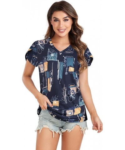 Womens Summer Tops Short Sleeve Shirts V Neck T Shirt Casual Tees Petal Sleeve Blouse B Blue Print $8.24 Blouses