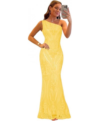 Sequin One Shoulder Prom Dresses for Women Mermaid Long Ball Gown Tight Sparkly Formal Evening Party Dress Yellow $35.69 Dresses