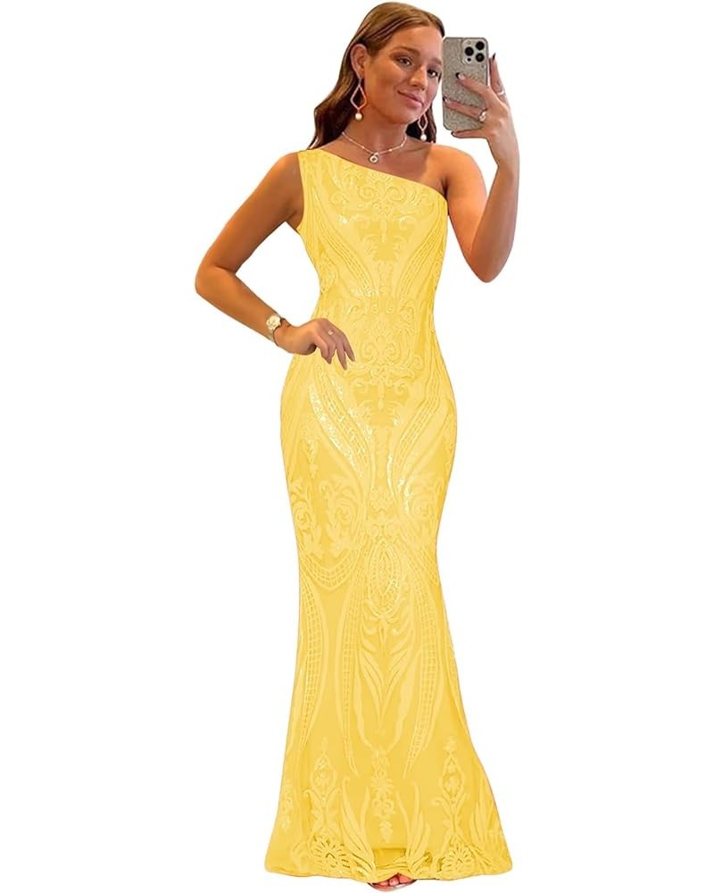 Sequin One Shoulder Prom Dresses for Women Mermaid Long Ball Gown Tight Sparkly Formal Evening Party Dress Yellow $35.69 Dresses