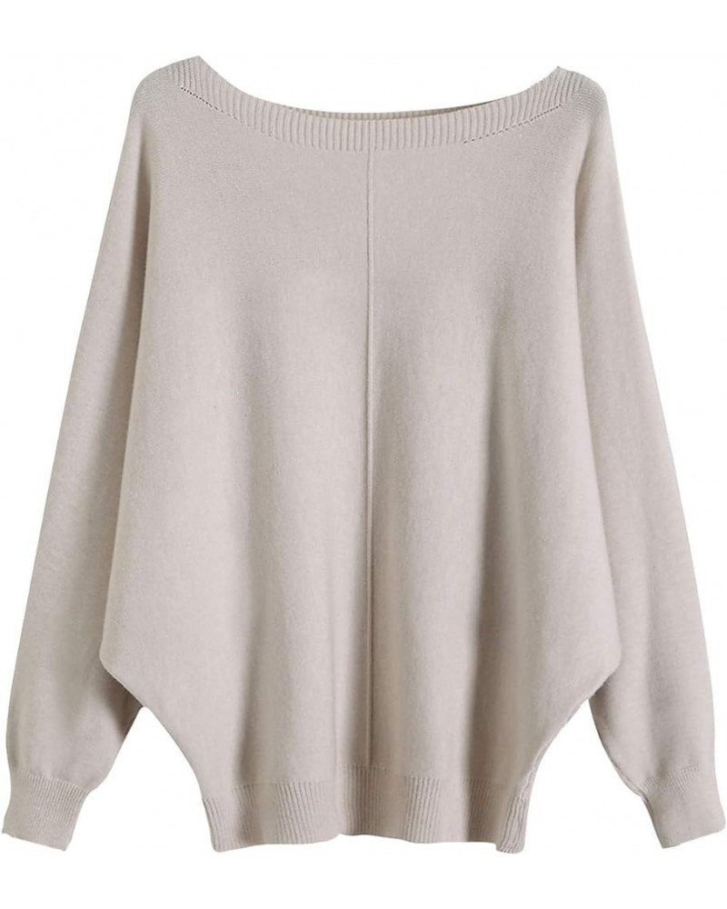 Women's Loose Pullovers Batwing Sleeve Knitted Sweaters Boat Neck Tops Light Apricot $13.02 Sweaters