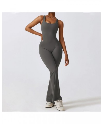 Women Workout Flare Jumpsuits Sleeveless Backless Gym Bodycon Scrunch Butt V Back Yoga Rompers F-gray $10.79 Jumpsuits