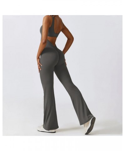 Women Workout Flare Jumpsuits Sleeveless Backless Gym Bodycon Scrunch Butt V Back Yoga Rompers F-gray $10.79 Jumpsuits