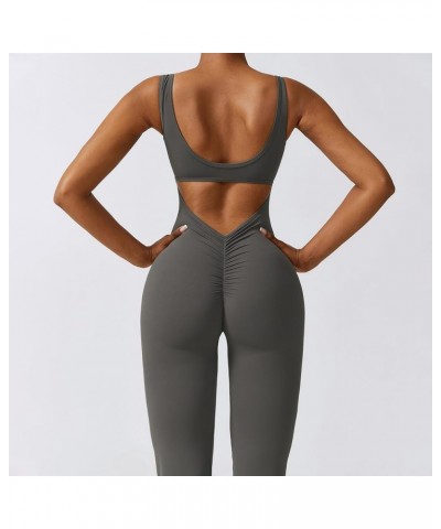 Women Workout Flare Jumpsuits Sleeveless Backless Gym Bodycon Scrunch Butt V Back Yoga Rompers F-gray $10.79 Jumpsuits